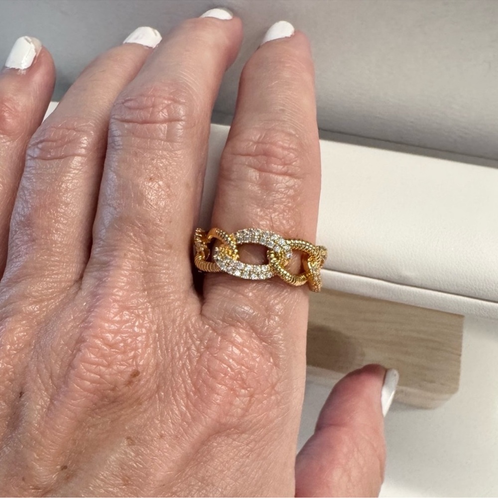 Gold Tone Chain Link Pavé Crystal Statement Ring New Adjustable